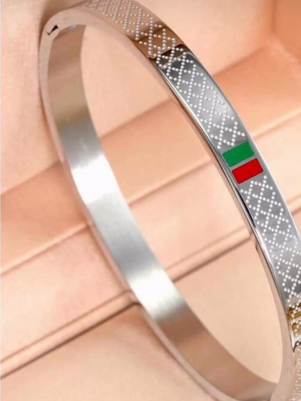 Silver Stamped Bangle Bracelet with Green and Red Inlay
